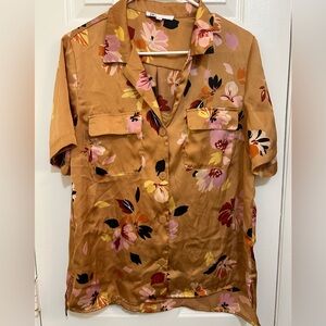 Orange floral satin button down blouse